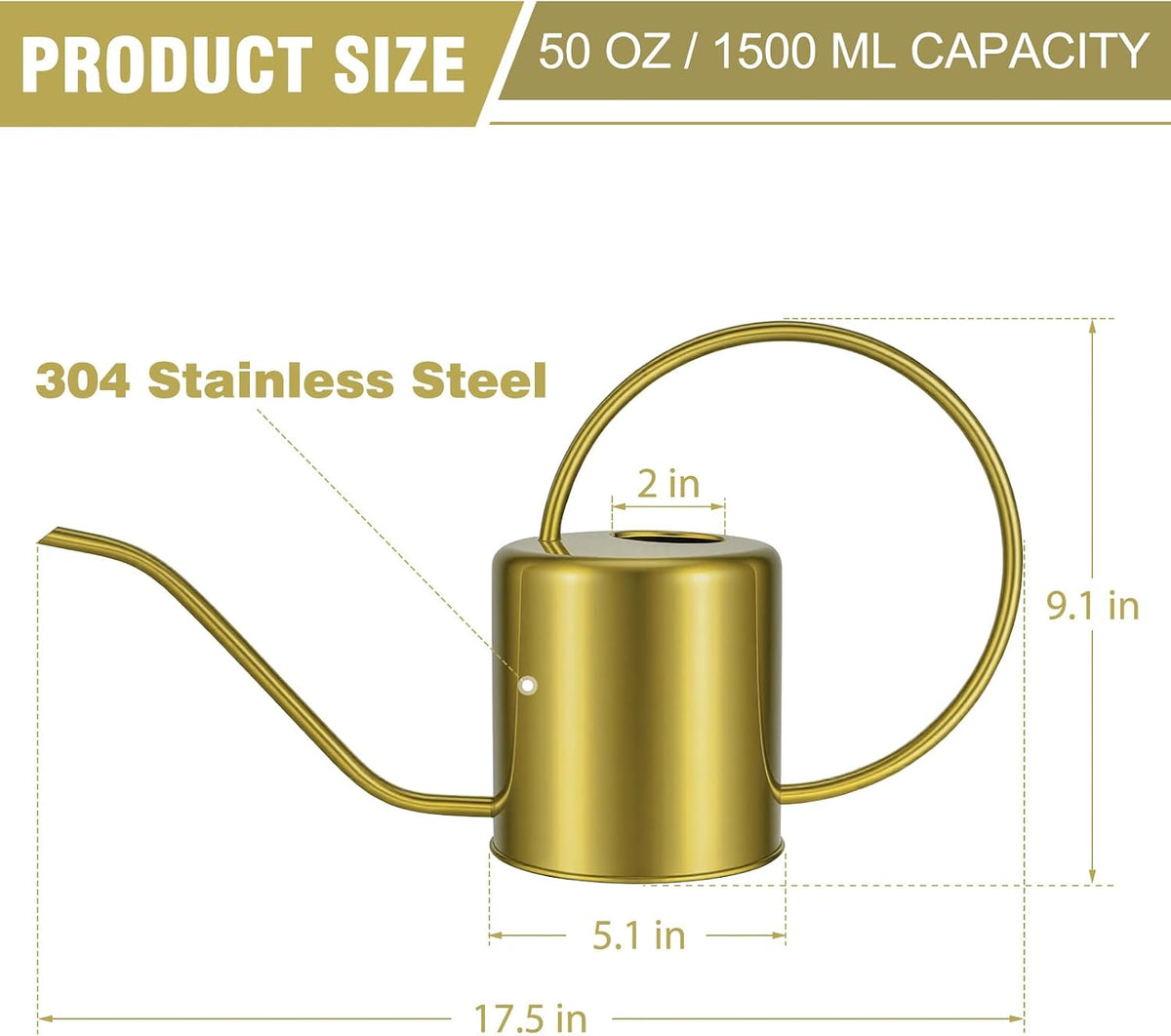 Plant Watering Can, 50 oz / 1500 ml Stainless Steel Metal - Modern Decorative with Long Spout for Indoor Potted Plants, Bonsai, Garden Flowers, Gold