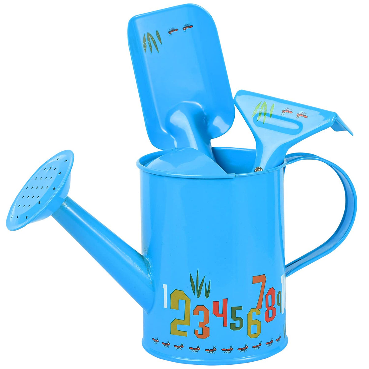 Sungmor Small Watering Can Set Cute Little Gardener Kit | Package Includes 3PC Blue Number Watering Can & Trowel & Rake Gardening Hand Tools | Perfect for Garden,Yard or Beach