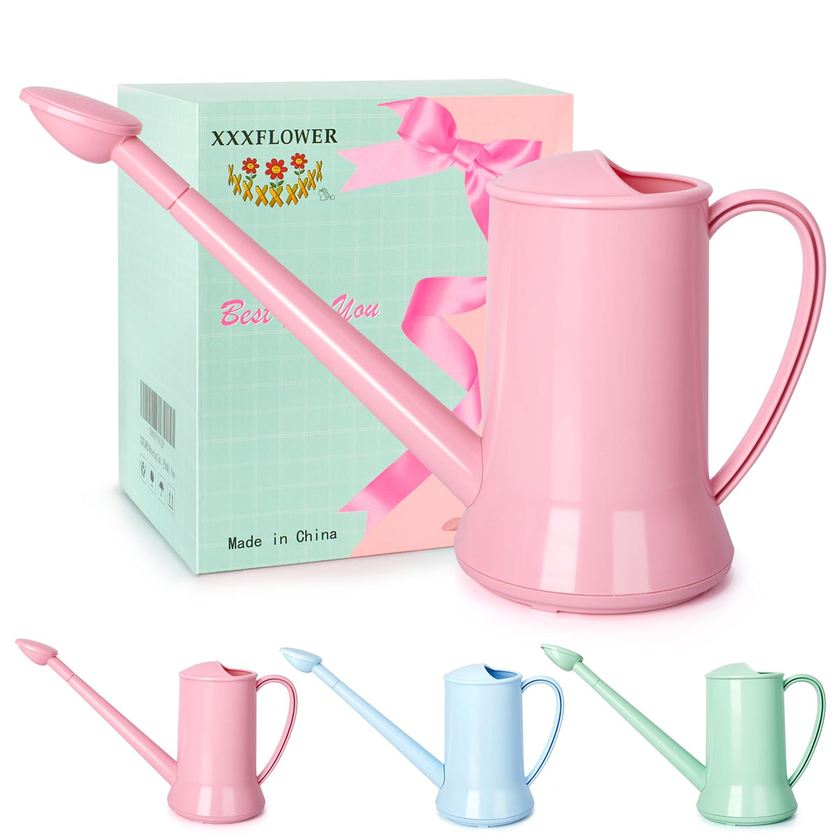 XXXFLOWER 1/2 Gallon Small Indoor Plant Watering Can, 2L Long Spout Removable Nozzle Flower Watering Pot for Office House Indoor Garden(Pink,67 oz)