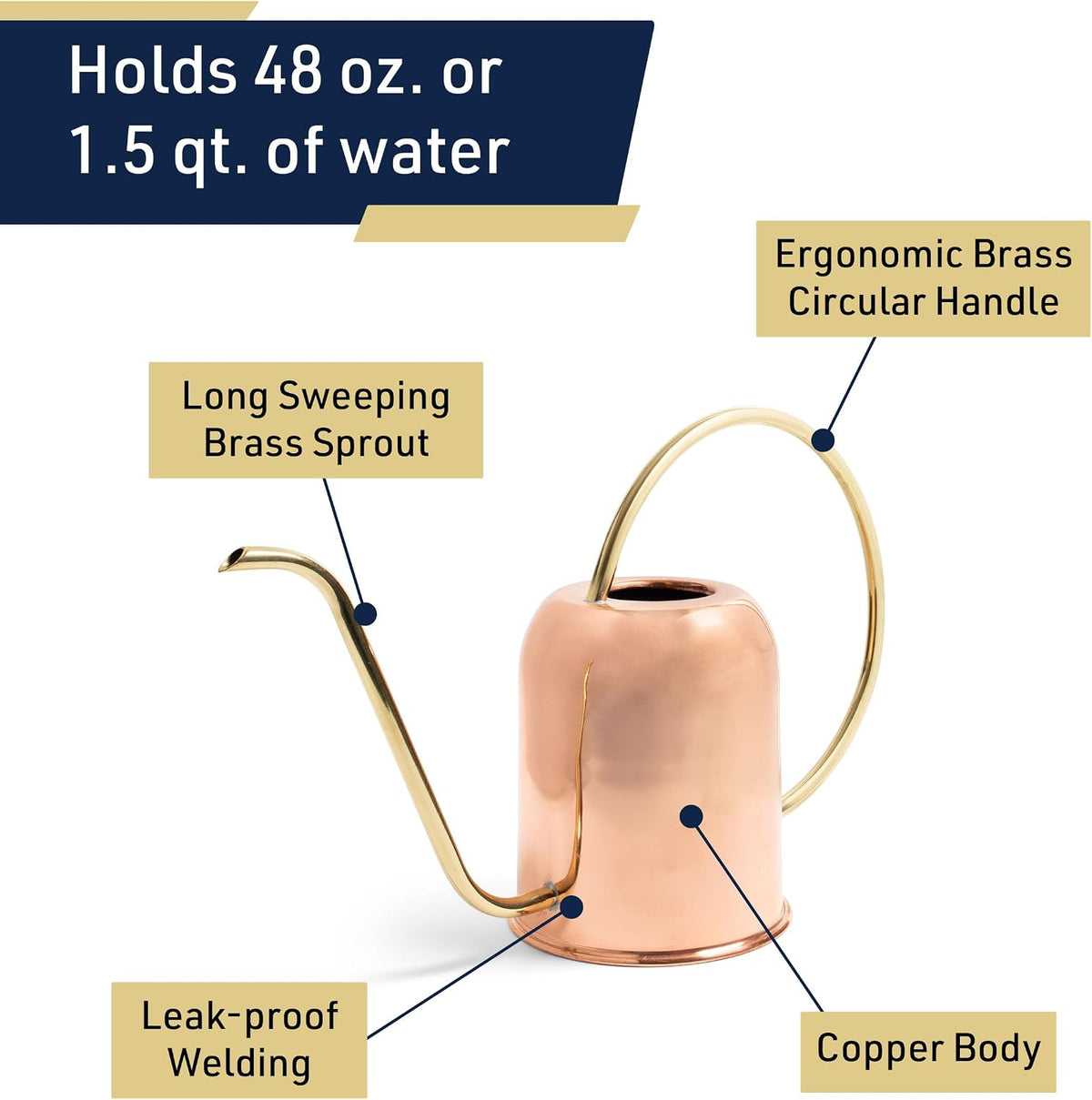 Copper Watering Can Indoor Plants - 48oz Long Spout Precise Small Water Can for Plants, Bonsai, Succulents, Houseplants, or Garden - Metal Inside or Outdoor Plant Watering Cans by Kings County Tools