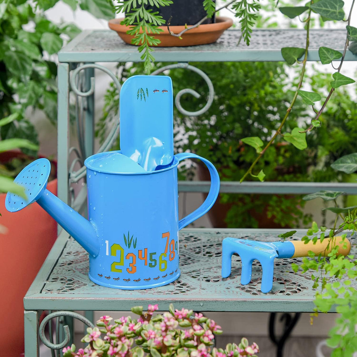 Sungmor Small Watering Can Set Cute Little Gardener Kit | Package Includes 3PC Blue Number Watering Can & Trowel & Rake Gardening Hand Tools | Perfect for Garden,Yard or Beach