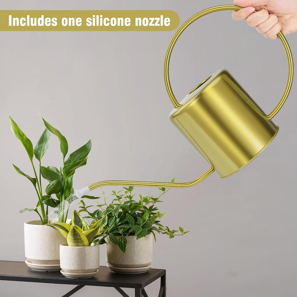 Plant Watering Can, 50 oz / 1500 ml Stainless Steel Metal - Modern Decorative with Long Spout for Indoor Potted Plants, Bonsai, Garden Flowers, Gold