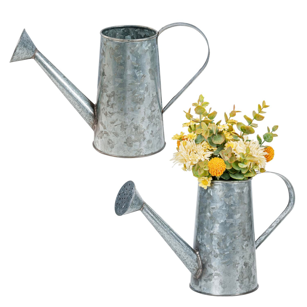 MyGift Vintage Galvanized Metal Watering Can Vases for Flowers, Set of 2