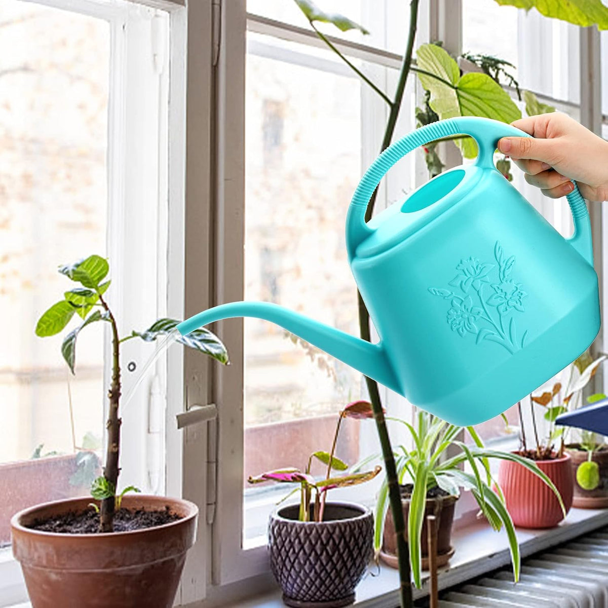 Fasmov 1-Gallon Plastic Watering Can with Comfortable Handle, Garden Watering Cans Long Spout for Indoor Outdoor Watering Plants, Bright Blue