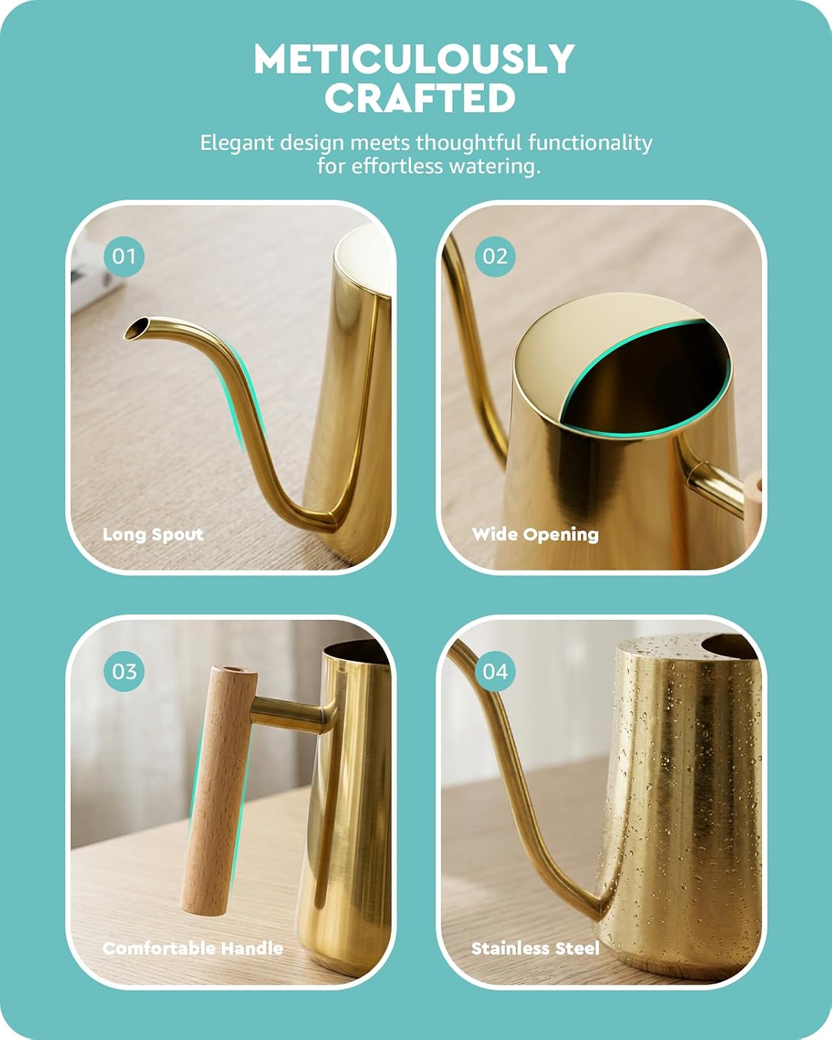 Baffect Indoor Watering Can for House Plant & Small Bonsai (1L, Brass Gold)