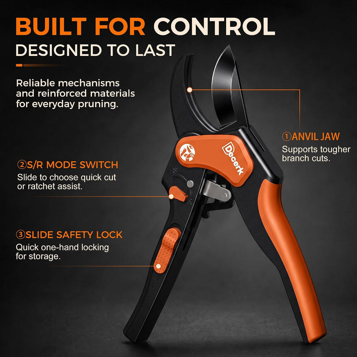 DECERK® Ratchet Pruning Shears, 3/4" Cut, Lightweight, Multi-Step Cutting