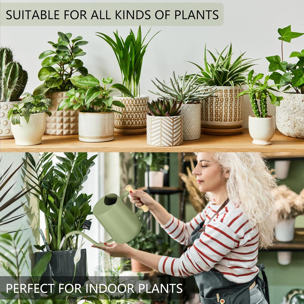 Watering Can Indoor Plants, 35oz Small Indoor Stainless Steel Metal Watering Can Modern Decorative Watering Pot with Long Spout for Indoor House Plant Bonsai Garden Flowers (Sage Green)