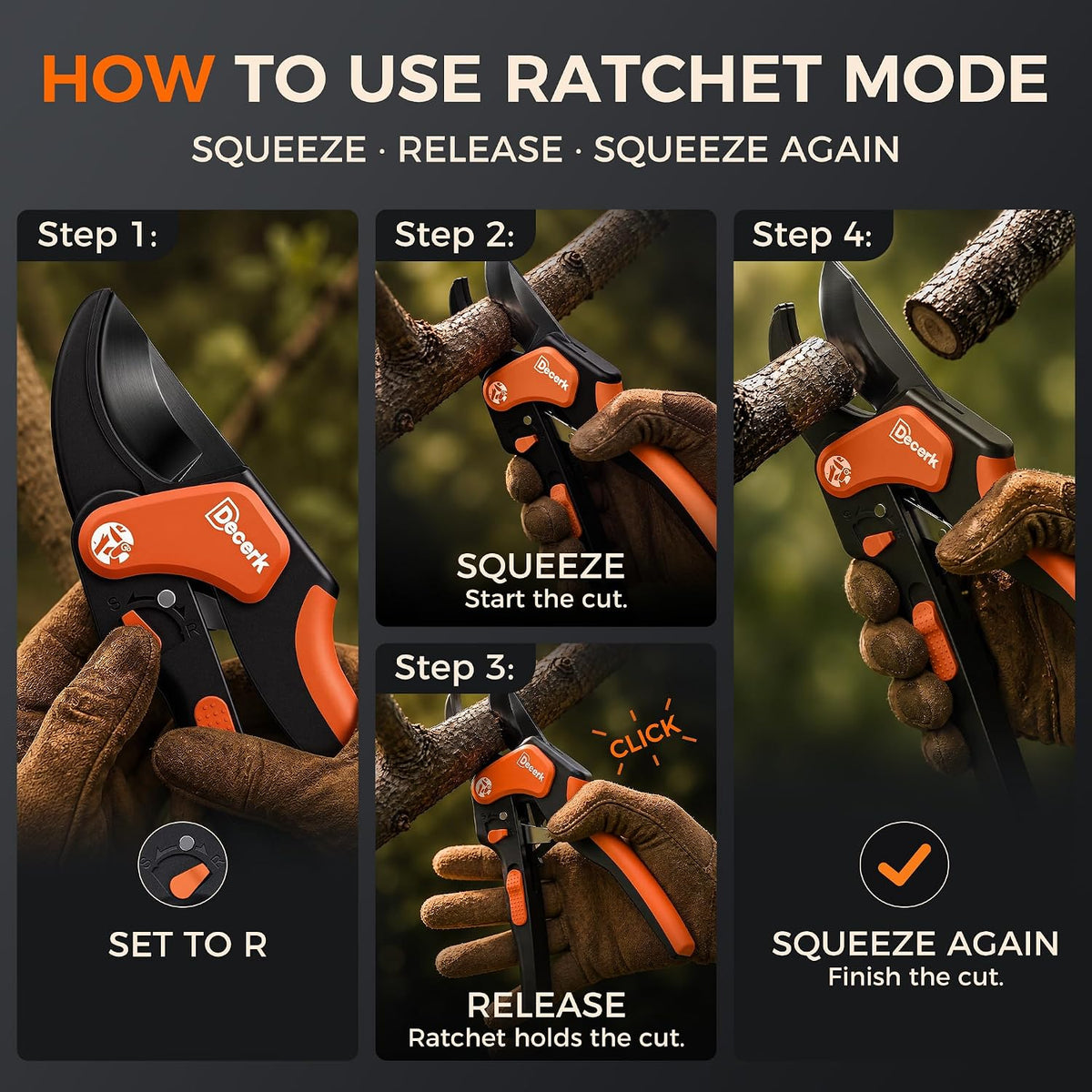 DECERK® Ratchet Pruning Shears, 3/4" Cut, Lightweight, Multi-Step Cutting