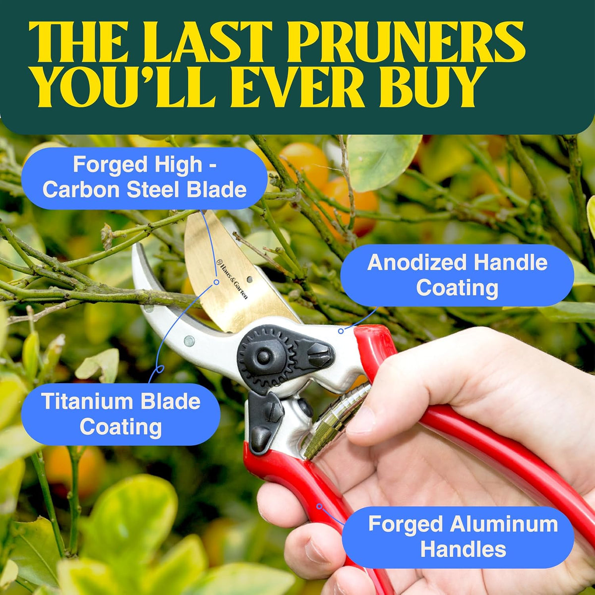 Haus & Garten ClassicPRO 8.5" Professional Premium Titanium Bypass Pruning Shears - Use As Pruners, Garden Shears, Heavy Duty Handheld Pruning Shears For Gardening, Clippers, Pruner Scissor Tool