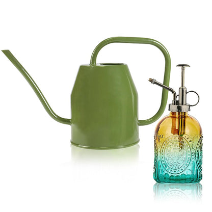 35 oz/1000 ml Metal Indoor Small Watering Can with Long Spout for House Plants Decorative, 12 oz/360 ml Glass Plant Mister Spray Bottle for Bonsai Garden Flowers (Grey)