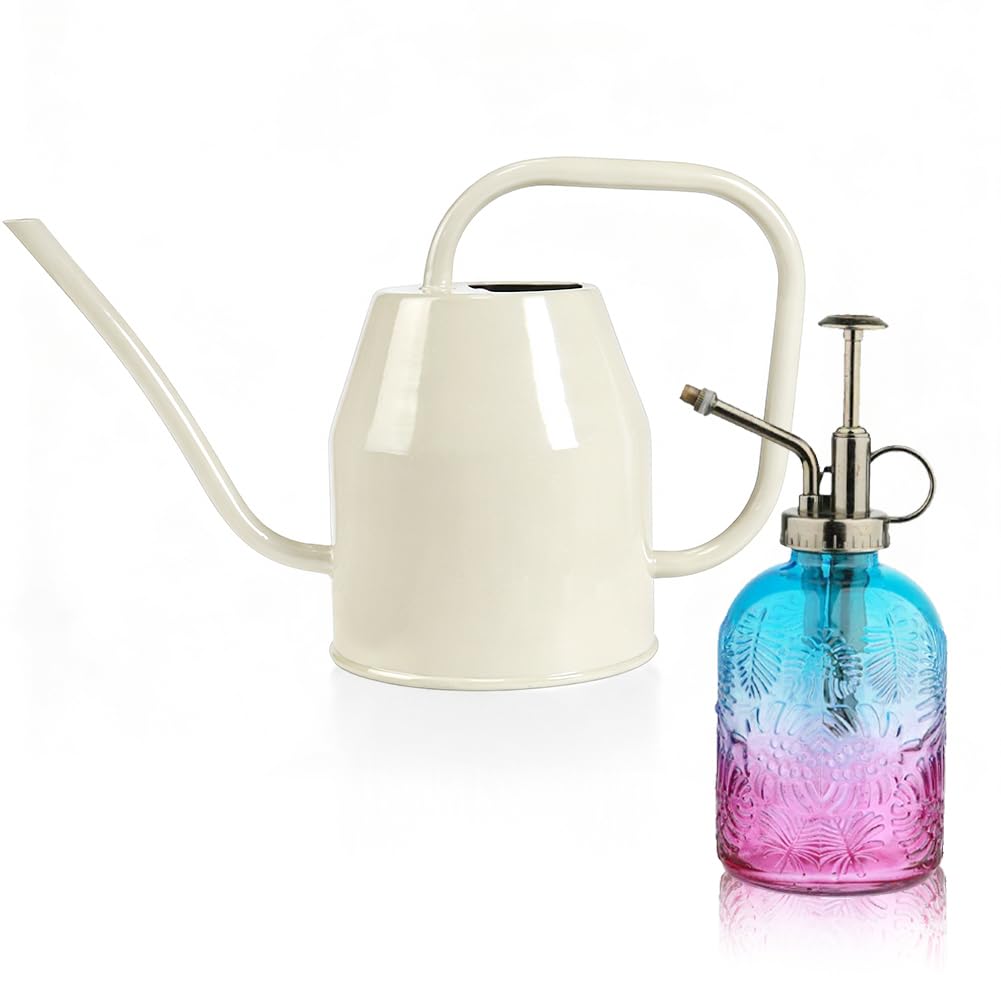 35 oz/1000 ml Metal Indoor Small Watering Can with Long Spout for House Plants Decorative, 12 oz/360 ml Glass Plant Mister Spray Bottle for Bonsai Garden Flowers (Grey)