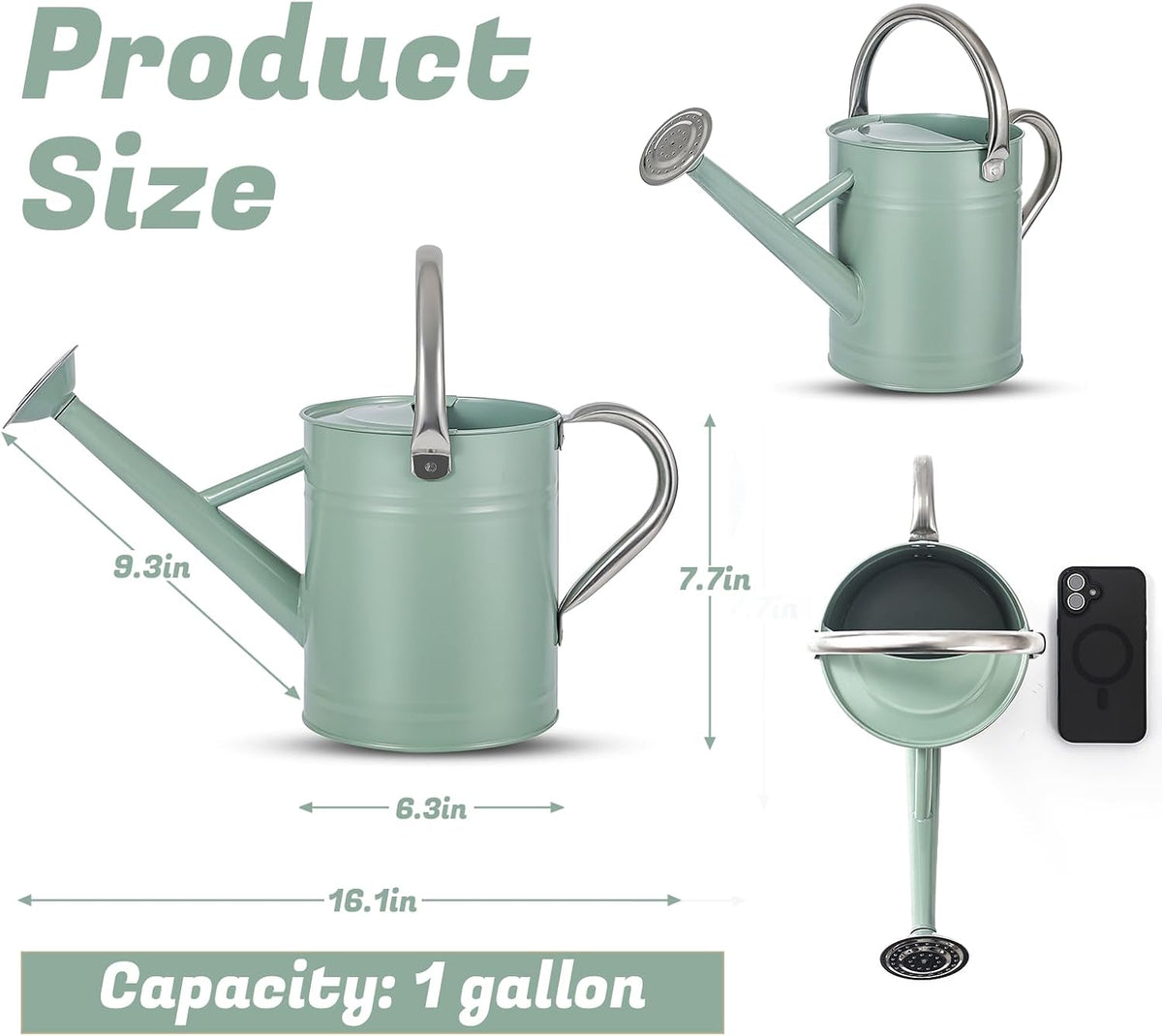 1 Gallon Watering Can for Plants, Watering Cans for Indoor&Outdoor Gardening, Galvanized Steel Watering Pot with Removable Spout, Metal Water Can with Ergonomic Movable Handle(Cream Green)