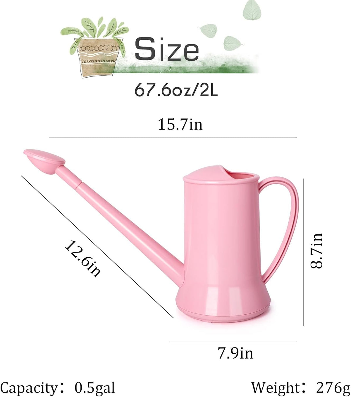 XXXFLOWER 1/2 Gallon Small Indoor Plant Watering Can, 2L Long Spout Removable Nozzle Flower Watering Pot for Office House Indoor Garden（Pink,67 oz）