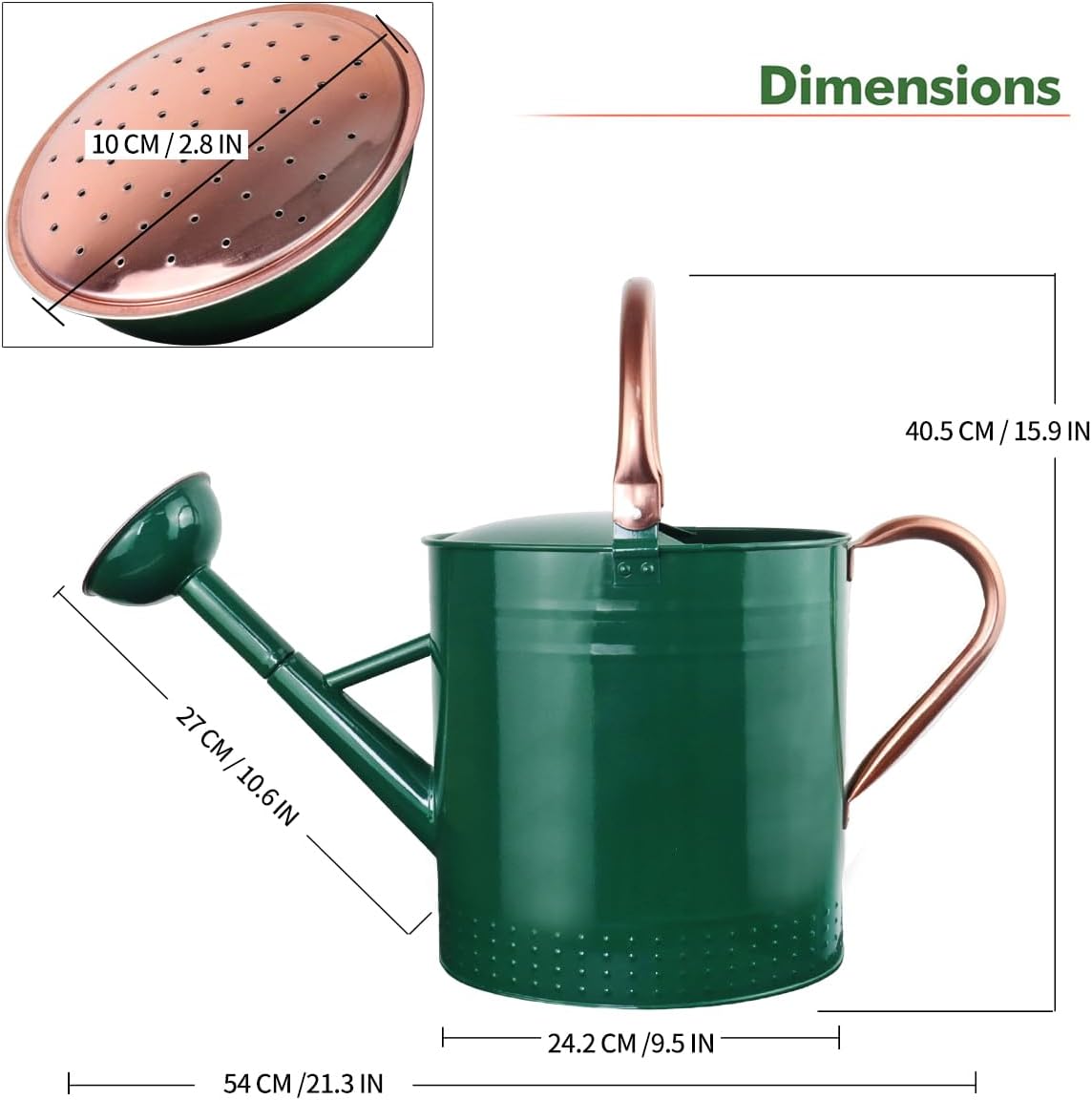 2 Gallon Meltal Garden Watering Can Removable Spout, Galvanized Steel Large Water Can with Embossed Design for Outdoor Indoor Plants (Green, 2 Gallon)