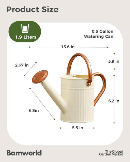 Bamworld Metal Watering Can for Indoor Outdoor Plant 1/2 Gallon Creamy