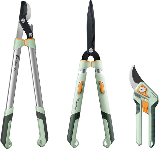 PrunePro® 3 Piece Garden Shears Set | 8" Pruning Shears 27" Lopper Extendable Hedge Shear Stainless Steel Ultra Sharp Teflon Coated Arthritis Friendly Effortlessly Prunes for Branches Bushes