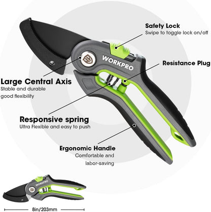 WORKPRO Pruning Shears, Garden Clippers with SK5 Steel Blades, 8" Anvil