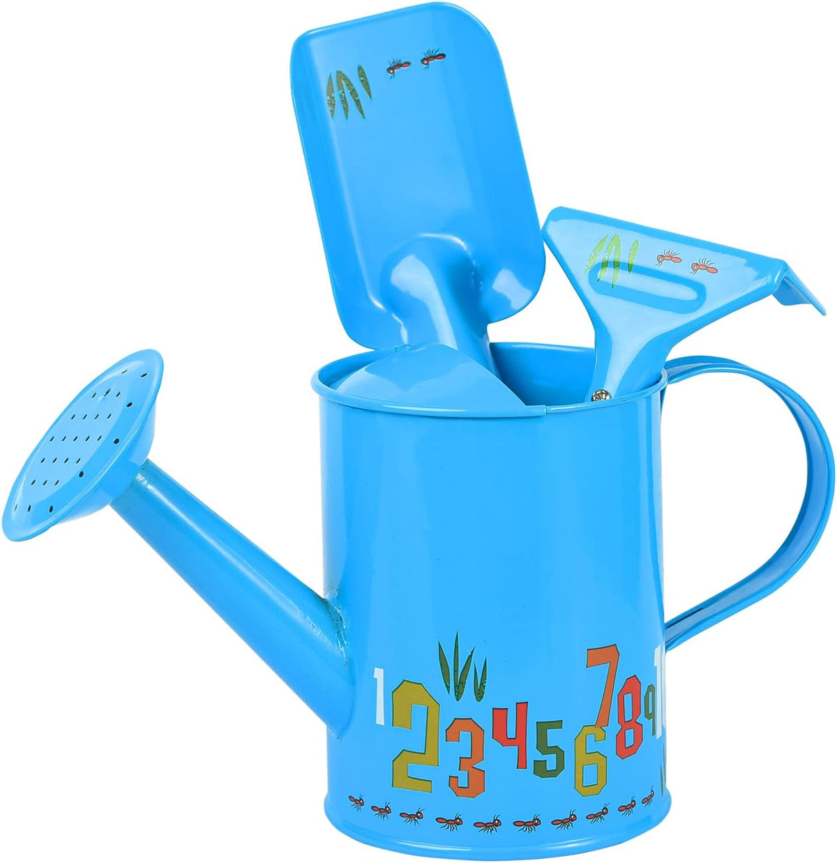 Sungmor Small Watering Can Set Cute Little Gardener Kit | Package Includes 3PC Blue Number Watering Can & Trowel & Rake Gardening Hand Tools | Perfect for Garden,Yard or Beach