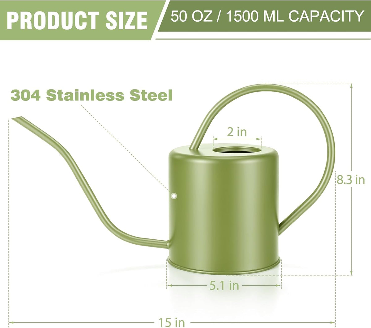 Plant Watering Can, 50 oz / 1500 ml Stainless Steel Metal - Modern Decorative with Long Spout for Indoor Potted Plants, Bonsai, Garden Flowers, Saga Green