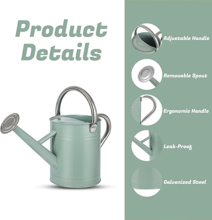1 Gallon Watering Can for Plants, Watering Cans for Indoor&Outdoor Gardening, Galvanized Steel Watering Pot with Removable Spout, Metal Water Can with Ergonomic Movable Handle(Cream Green)