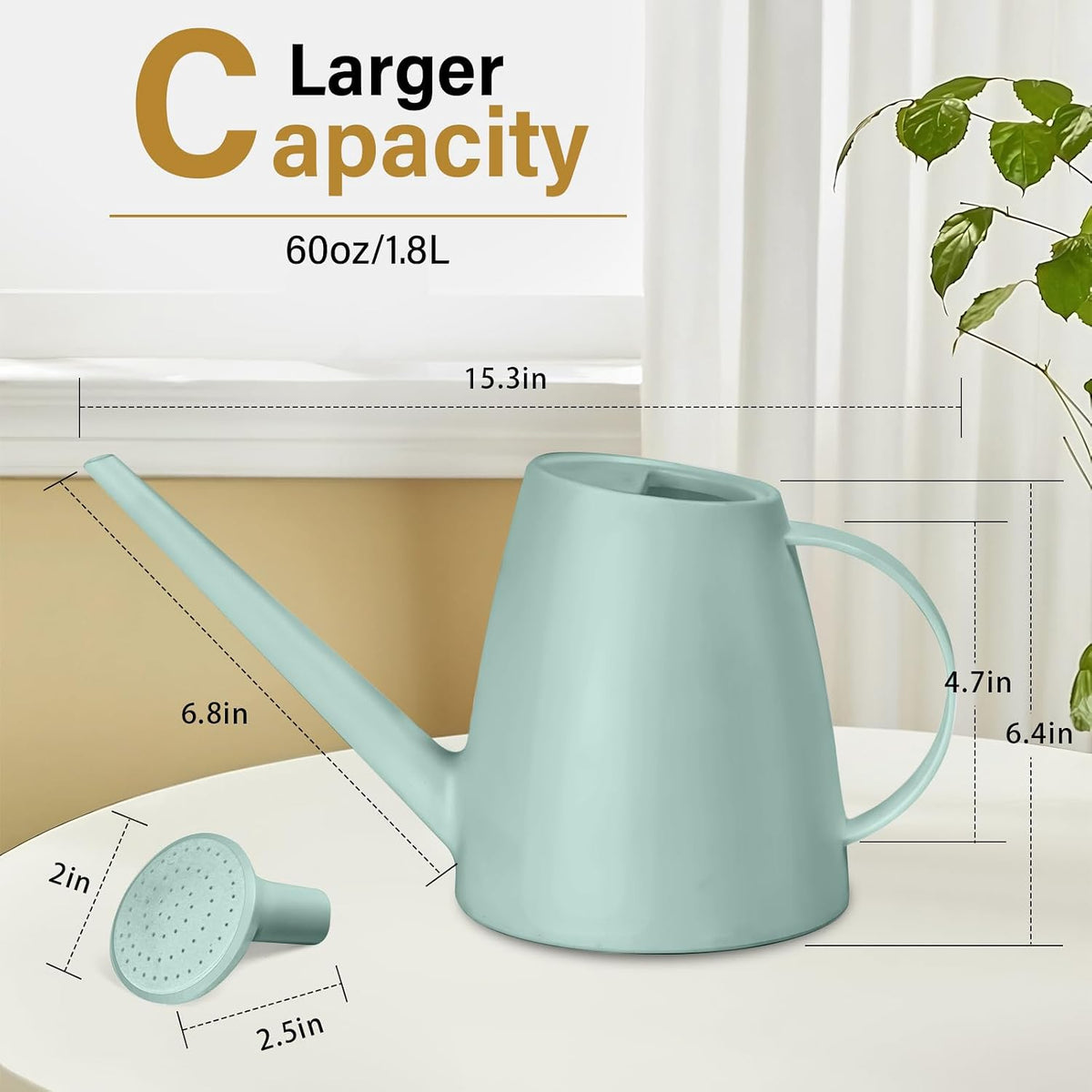 Plastic Watering Can - for Indoor and Outdoor House Plant Garden - with Long Spout - 1/2 Gallon - Light Green