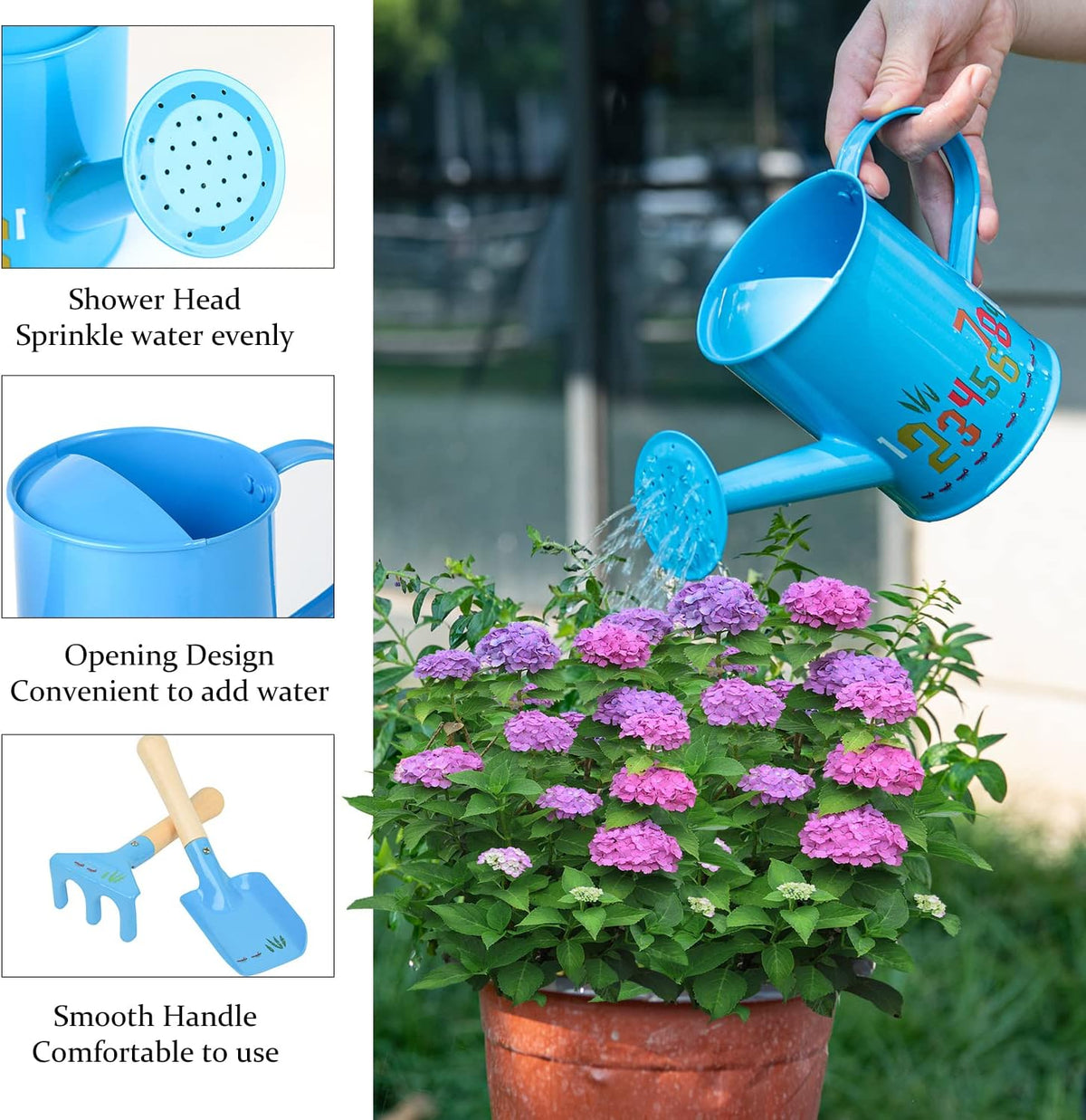 Sungmor Small Watering Can Set Cute Little Gardener Kit | Package Includes 3PC Blue Number Watering Can & Trowel & Rake Gardening Hand Tools | Perfect for Garden,Yard or Beach