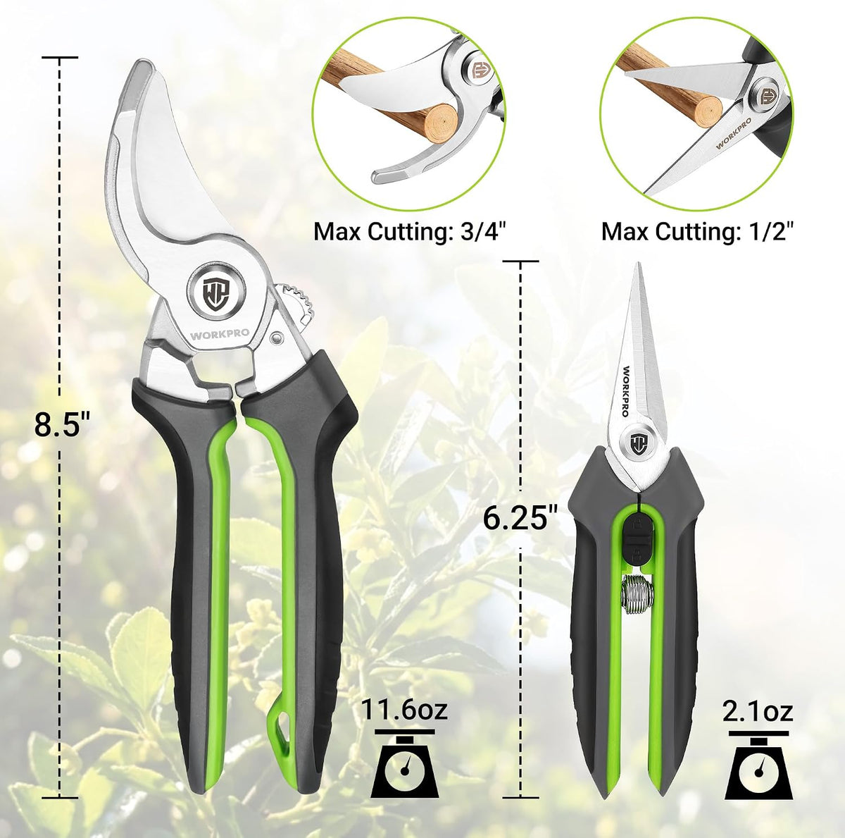 WORKPRO 8.5" CR-V Drop-Forged Bypass Pruning Shears & 6.25" Straight Shears