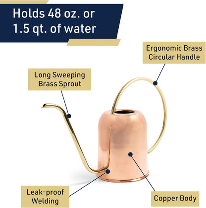Copper Watering Can Indoor Plants - 48oz Long Spout Precise Small Water Can for Plants, Bonsai, Succulents, Houseplants, or Garden - Metal Inside or Outdoor Plant Watering Cans by Kings County Tools