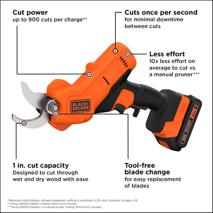 BLACK+DECKER 20V MAX* Cordless Pruner Electric Pruning Shears, Battery and Charger Included, 900 Cuts Per Charge, Electric Pruner, Tool Free Blade Change (BCPR320C1)