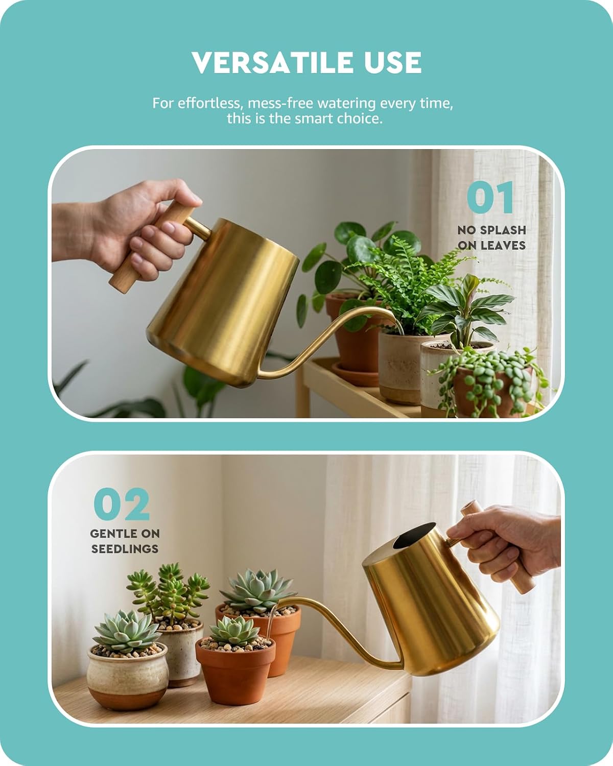 Baffect Indoor Watering Can for House Plant & Small Bonsai (1L, Brass Gold)