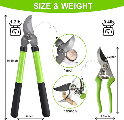 2Pcs High Carbon Steel Bypass Hand Loppers & SK5 Pruning Shears Set