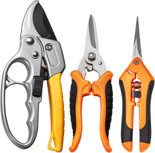 GROWNEER 3 Pack Garden Scissors kit Professional Garden Pruning Shears Stainless Steel Garden Shears Gardening Clippers Flower Plant Scissors Tools Arthritis Weak Hand Pruner Work 3 Times Easier
