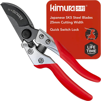 Kimura® 8" Pro Bypass Pruning Shears, Heavy Duty Japanese SK5 Steel Blades, 1 inch Cut Capacity, Non-Slip PVC Coated Handles, Lightweight & Ergonomic, Japanese Pruners, Professional Garden Clippers