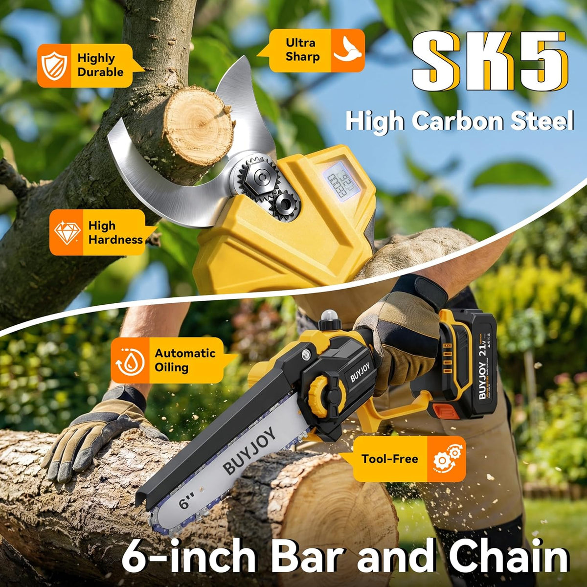 BUYJOY 2-in-1 Electric Pruning Shears & 6 Inch Mini Chainsaw