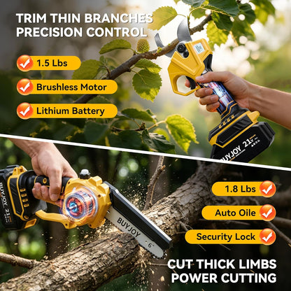 BUYJOY 2-in-1 Electric Pruning Shears & 6 Inch Mini Chainsaw
