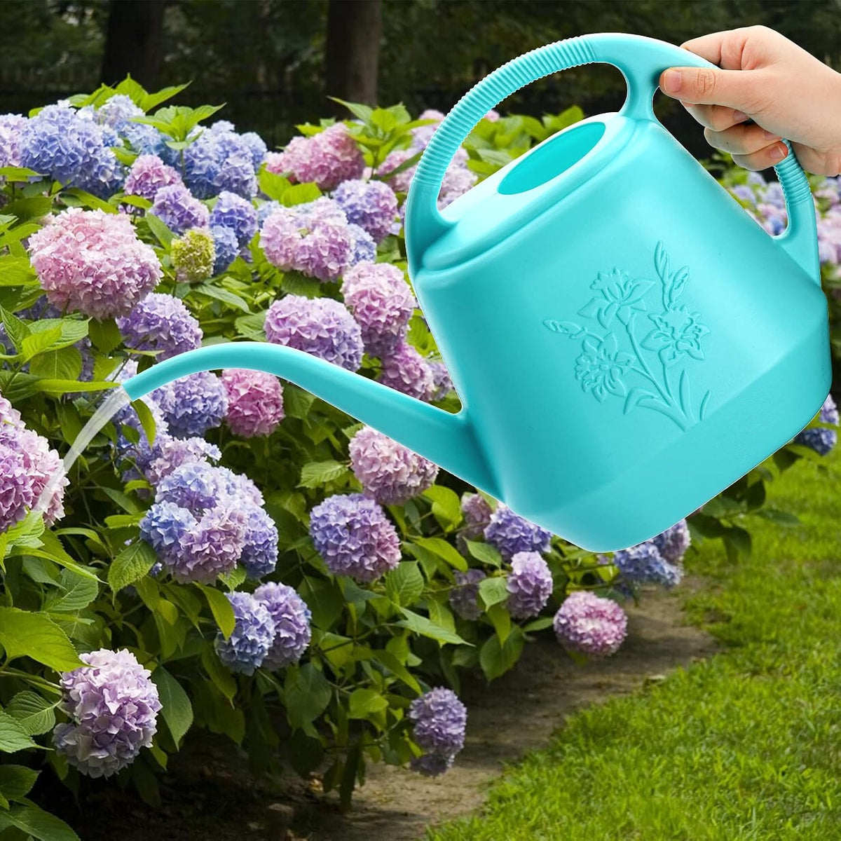 Fasmov 1-Gallon Plastic Watering Can with Comfortable Handle, Garden Watering Cans Long Spout for Indoor Outdoor Watering Plants, Bright Blue