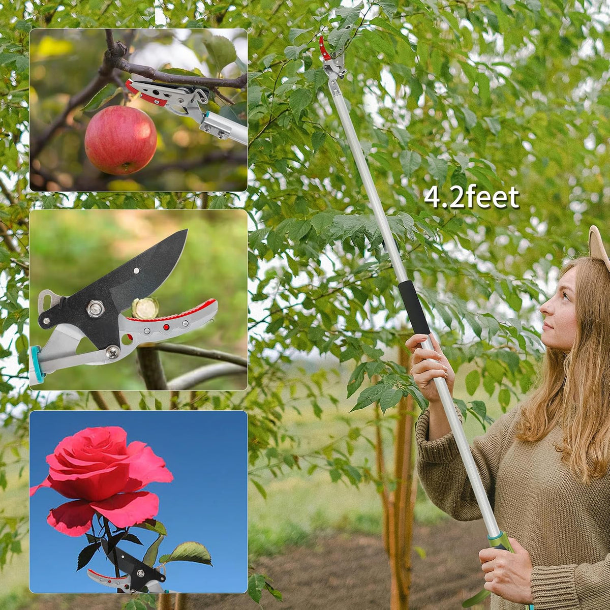 GARTOL Cut & Hold Pole Pruner, 4.2 FT Lightweight Fruit Picker with 180° Rotating Handle, SK5 Steel Blade Cuts up to 1/2 Inch, Long Reach Garden Tree Trimmer & Branch Cutter for Shrubs, Bushes